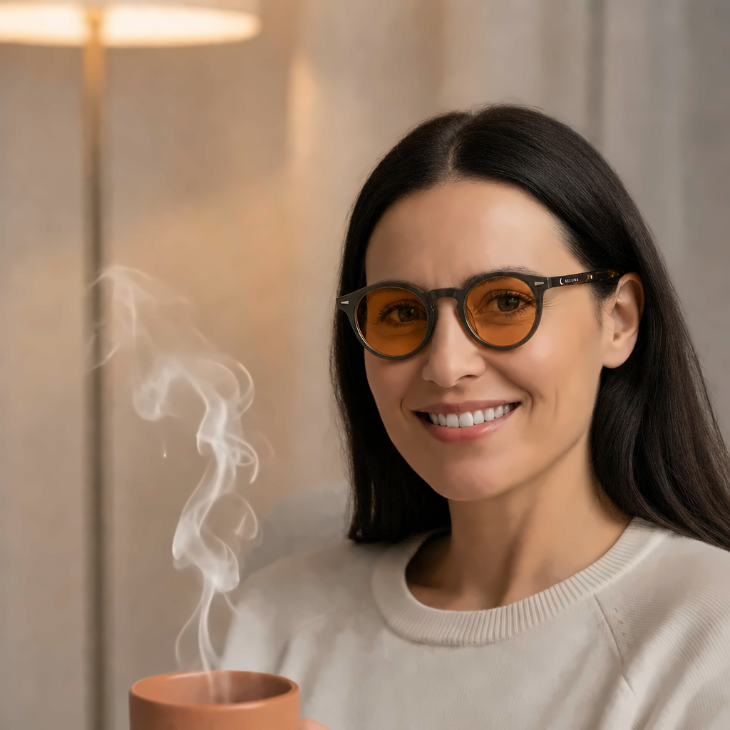 Woman wearing amber evening glasses at night
