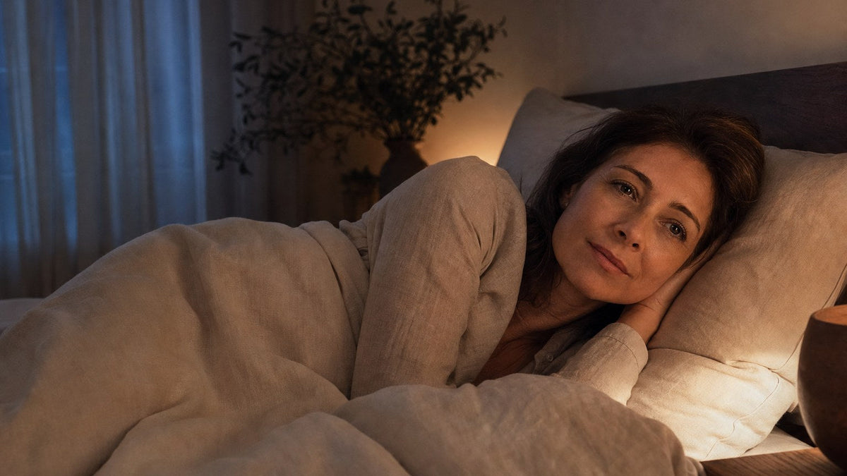 Woman lying awake but calm in a moonlit bedroom in the middle of the night