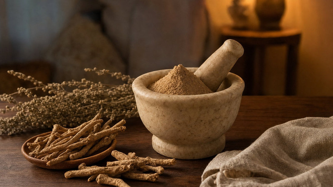 Dried ashwagandha roots and root powder in a stone mortar at dusk