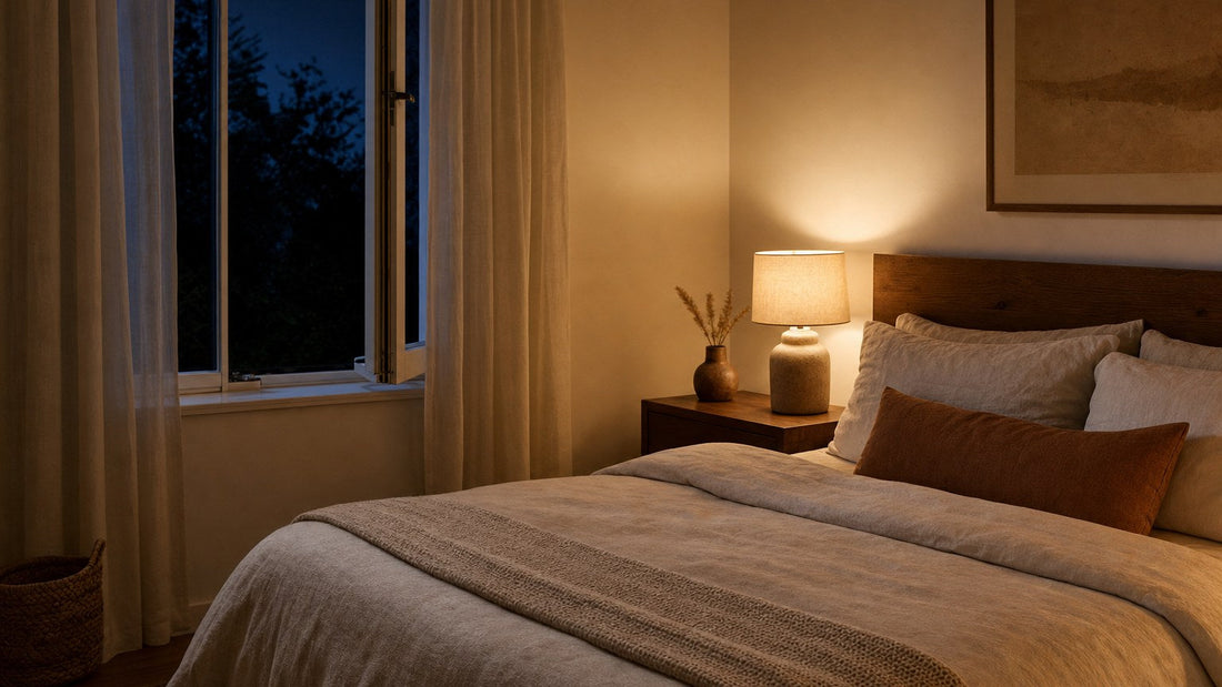 A cool, calm bedroom at night with an open window and a light blanket