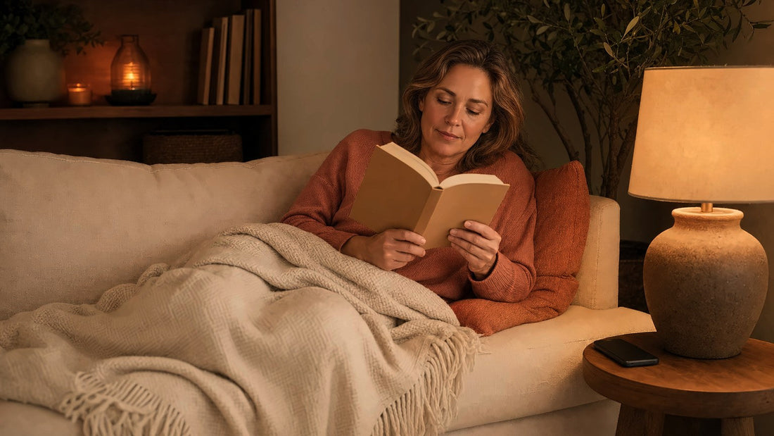 Woman reading a paperback on the sofa by lamplight with her phone face-down