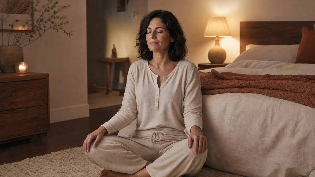 Woman sitting cross-legged on a rug by her bed with eyes closed, breathing slowly