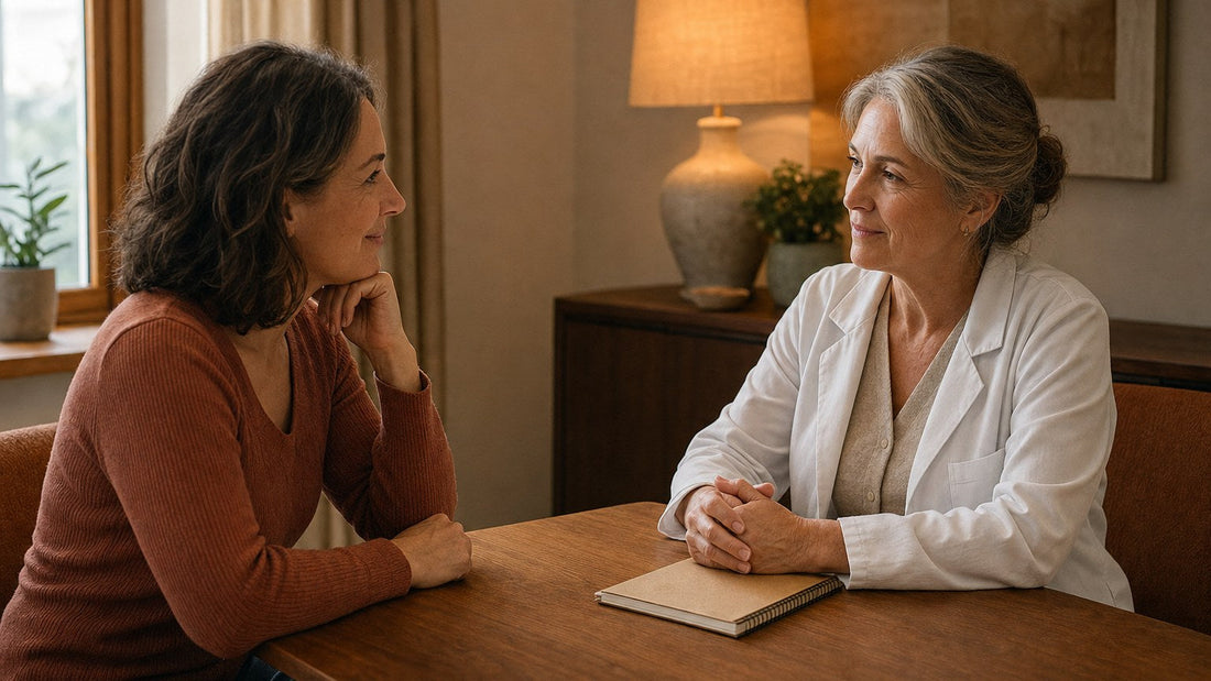 A woman talking with a female doctor across a small wooden table