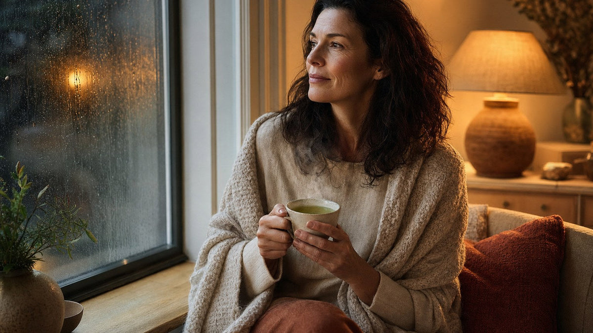 A woman holding a cup of green tea by a rainy window in the evening