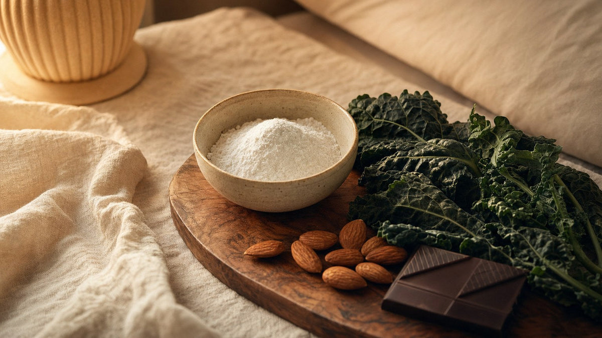 Still life of white powder, almonds, leafy greens and dark chocolate on a wood board
