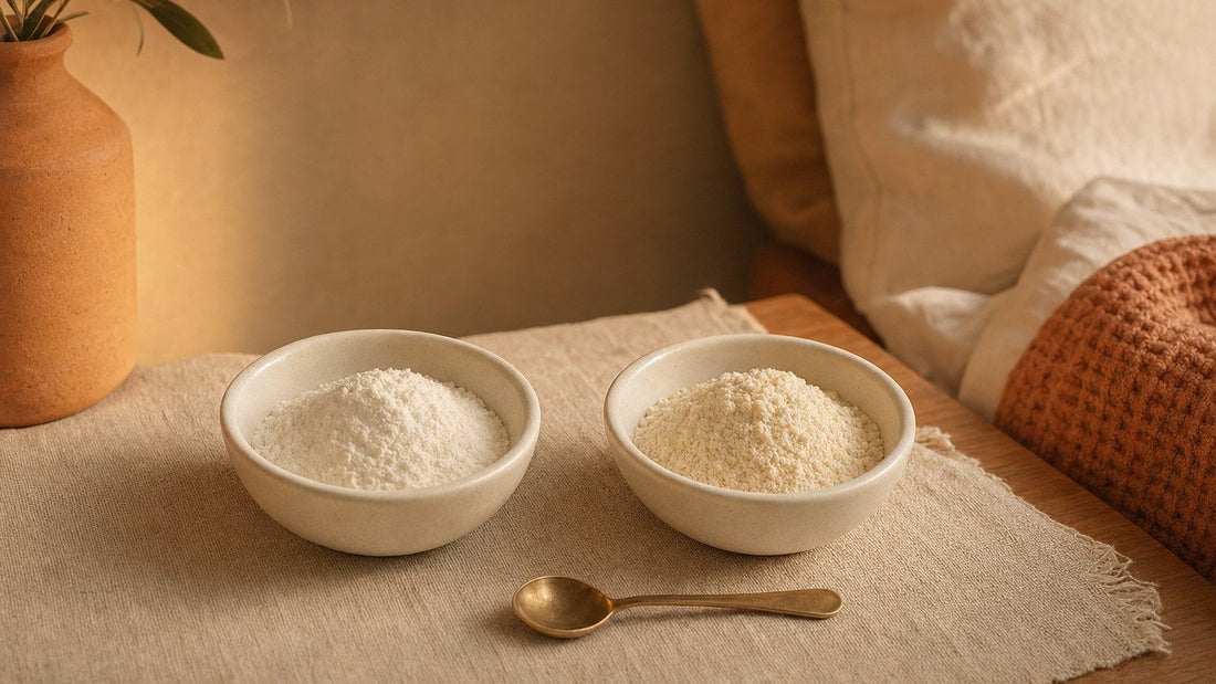 Two small dishes of white powder side by side with a brass spoon