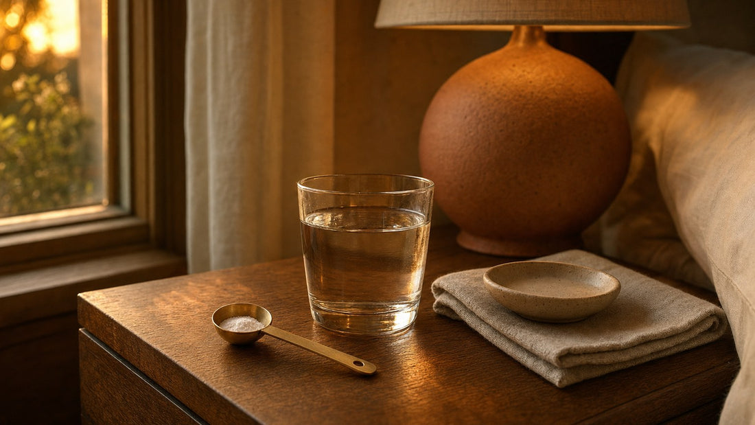 Small brass measuring spoon with a little white powder beside a glass of water on a nightstand