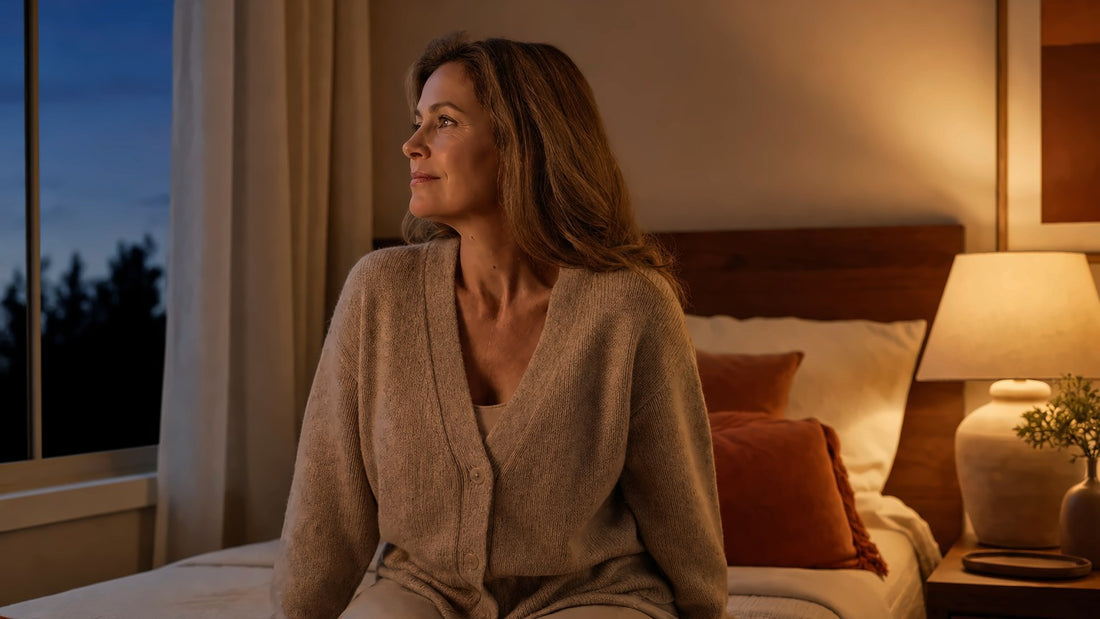 Woman in a knit cardigan sitting on her bed at dusk, looking out the window