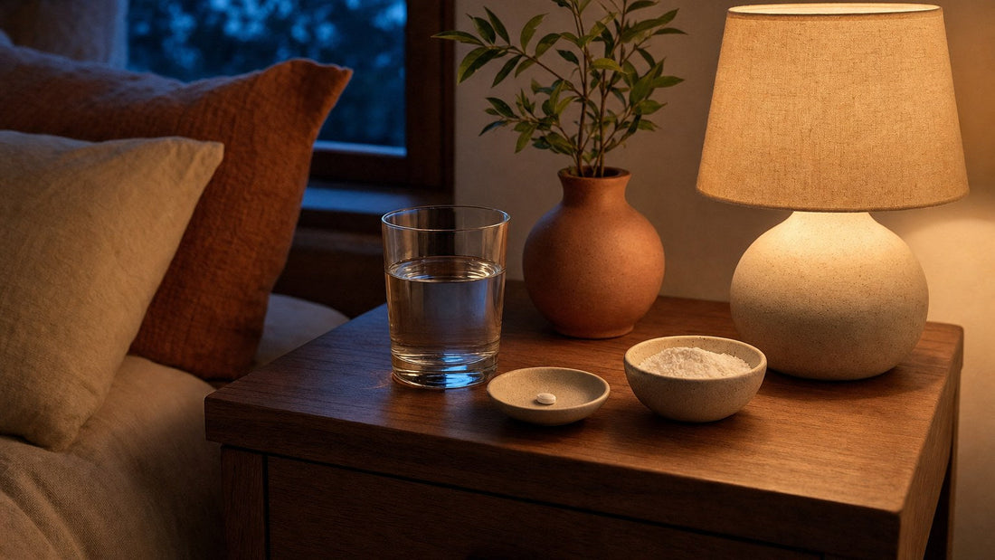 A nightstand at twilight with a tiny tablet, a bowl of powder and a glass of water