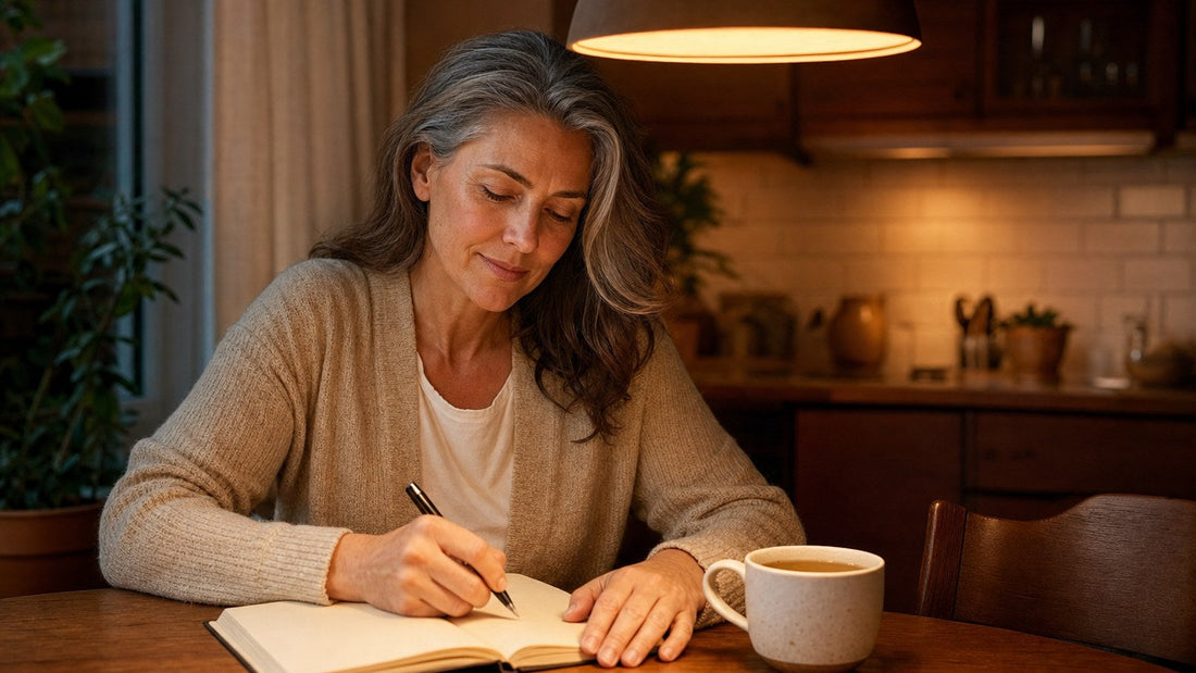 Woman writing in a notebook with herbal tea at a kitchen table in the evening