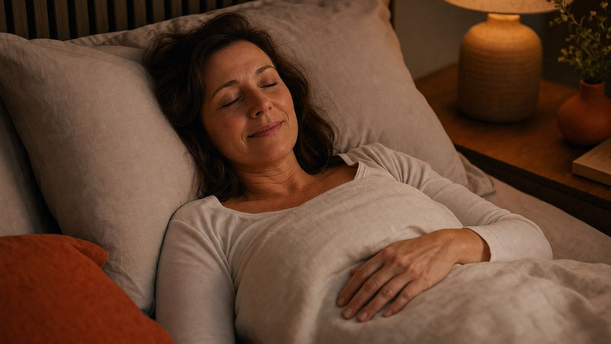 A woman resting in bed with eyes closed beside a warm, low lamp