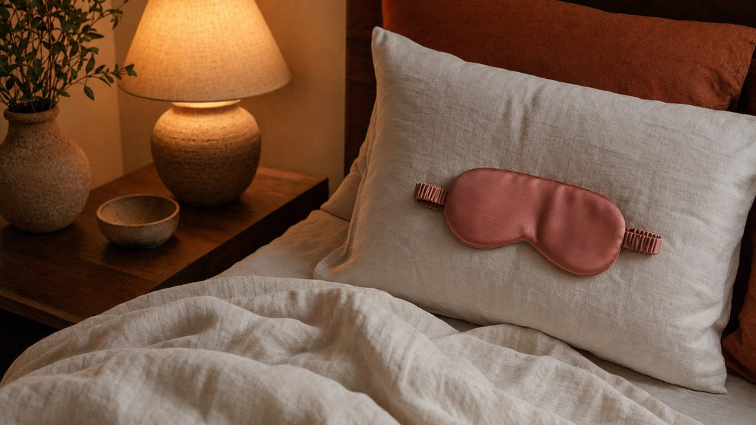 Dusty-rose silk sleep mask resting on a linen pillow by a bedside lamp