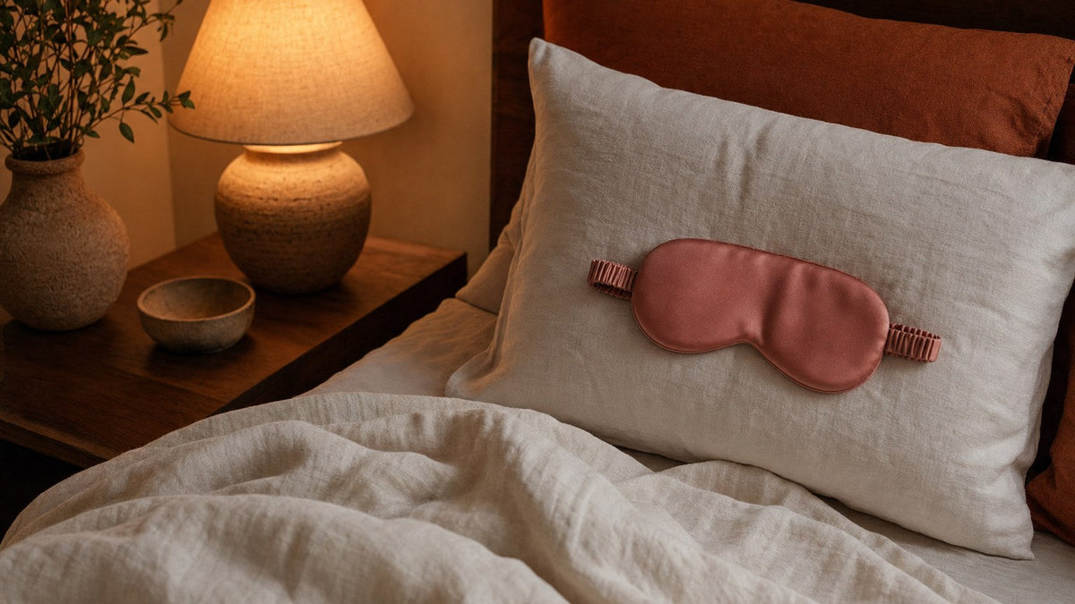 Dusty-rose silk sleep mask resting on a linen pillow by a bedside lamp
