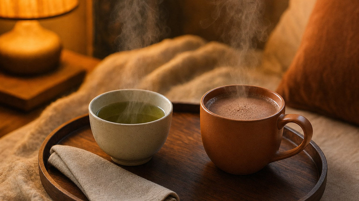 A cup of green tea and a mug of hot cocoa on a wooden tray at dusk