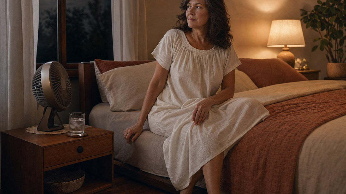A woman sitting on the edge of her bed at night beside a small fan and iced water