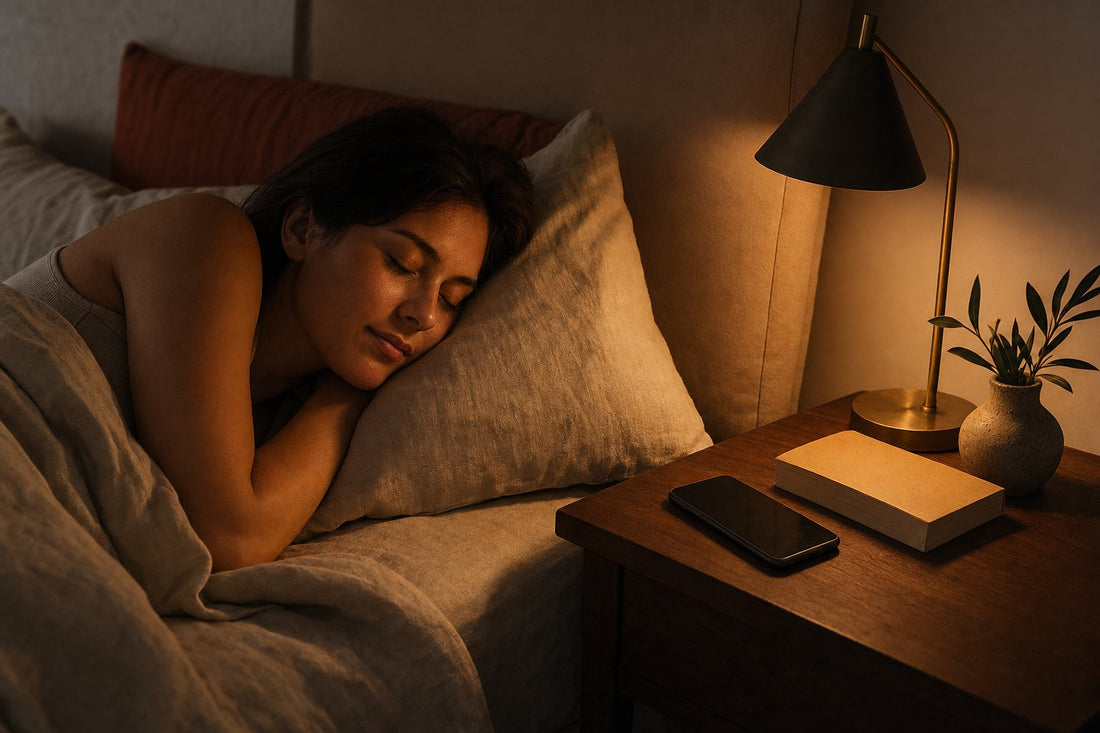 Dim bedroom at night with a phone face-down on the nightstand beside a book and a low reading lamp