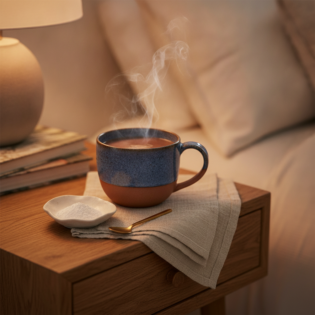 A warm chocolate-vanilla drink in a mug at bedtime