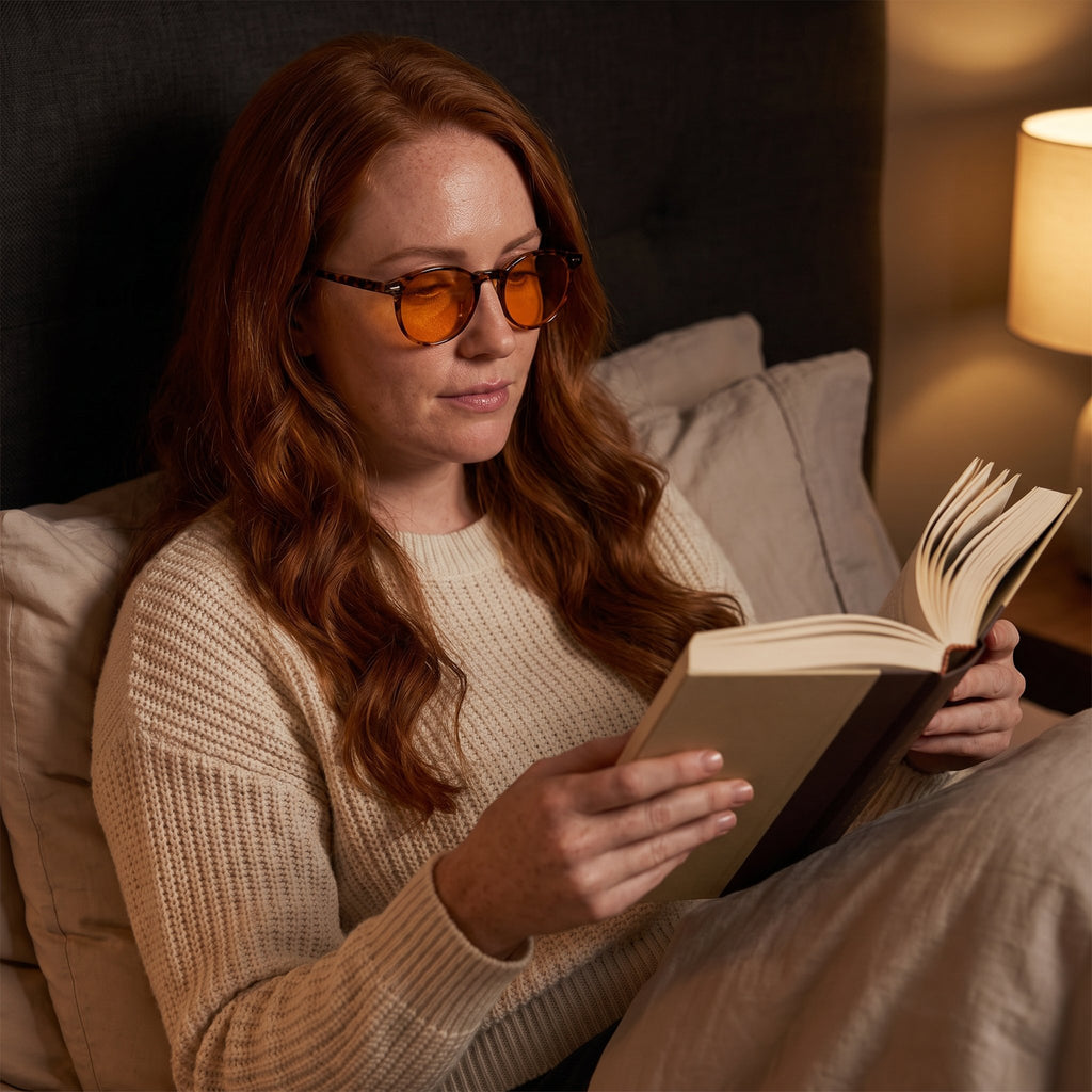 Woman reading in bed wearing Seluna amber glasses