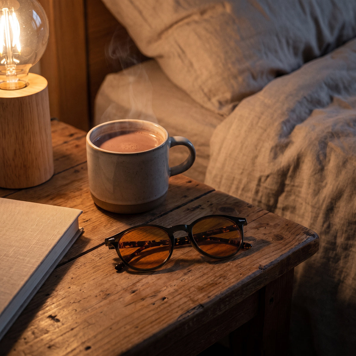 Seluna glasses on a nightstand beside cocoa and a book