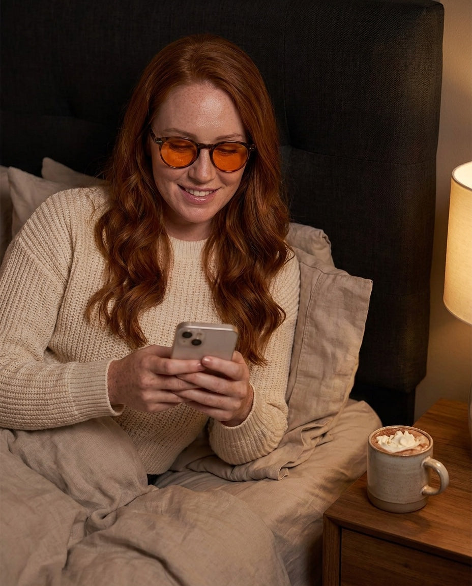 Illustration: woman reading her phone in bed wearing Seluna amber glasses