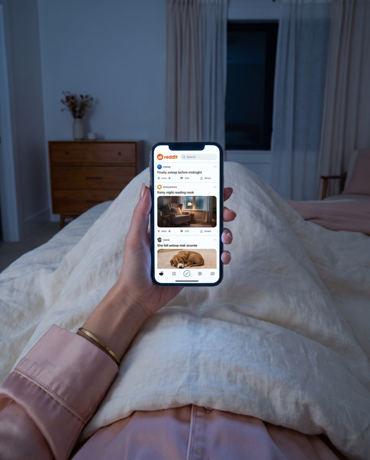 Illustration: phone in bed at night, view without Seluna glasses