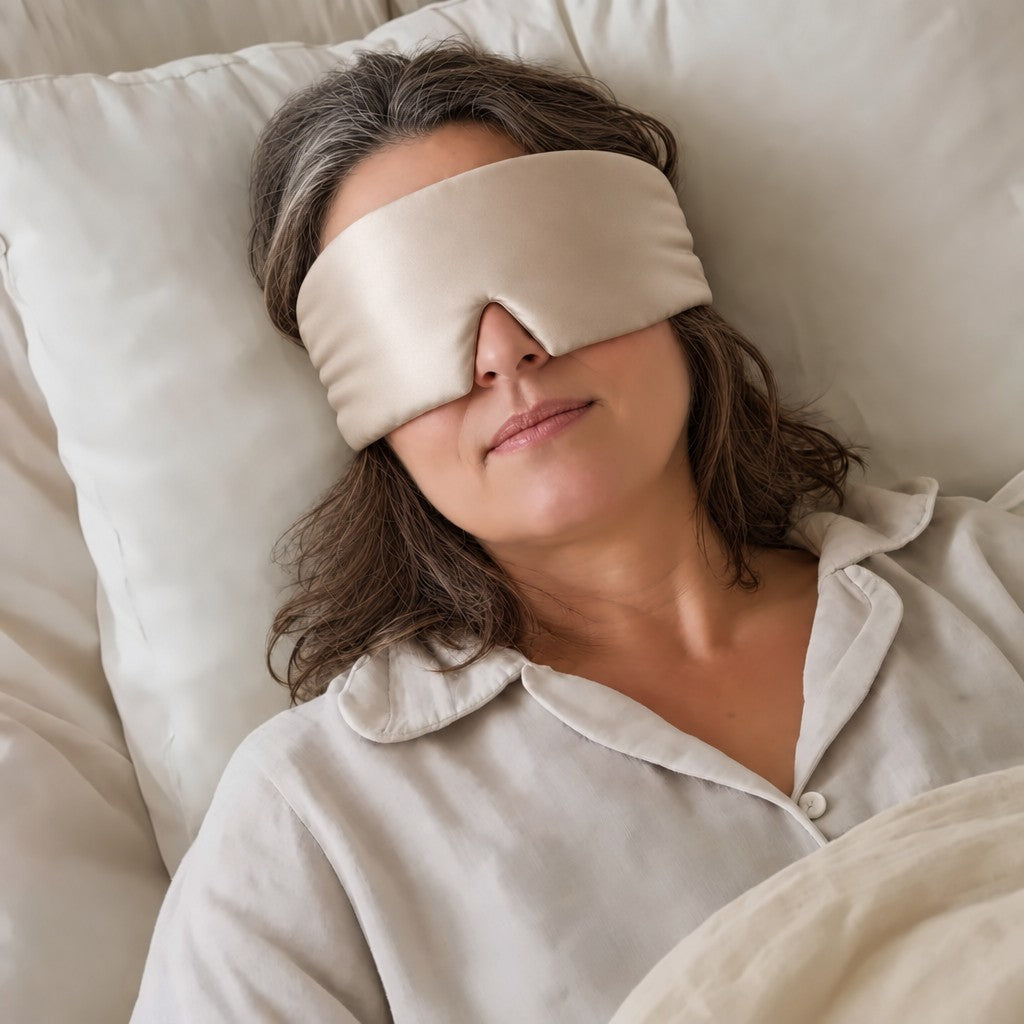 Woman sleeping on her back wearing the Seluna silk sleep mask