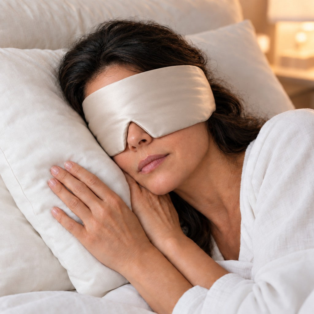 Woman sleeping on her side wearing the Seluna silk sleep mask