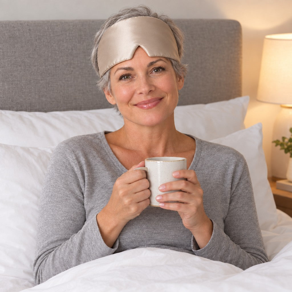 Smiling woman in bed with a mug, Seluna silk sleep mask pushed up on her forehead